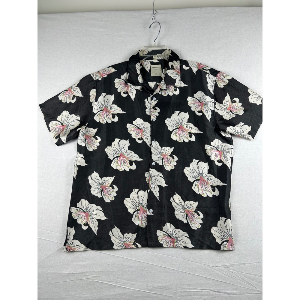 Massive Luxury Womens Large Black Floral Lily Print Button Up Camp Shirt